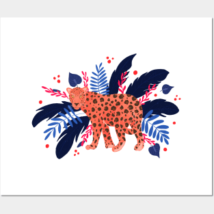 Red leopard in the blue tropical jungle Posters and Art